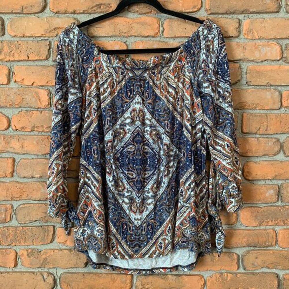 Daniel Rainn Top Women's Medium Blue Paisley Print Boho Tie Sleeve Blouse‎ Off